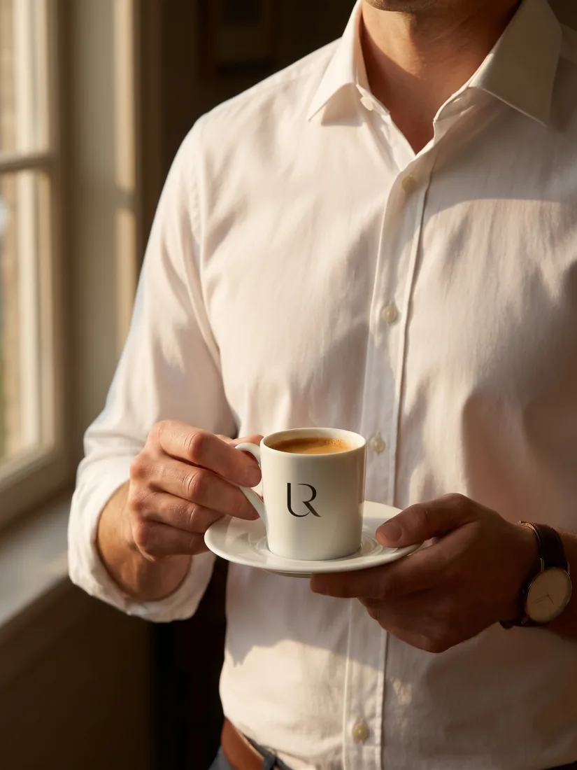 Homme en chemise blanche tenant une tasse espresso URPRESSO au lever du jour