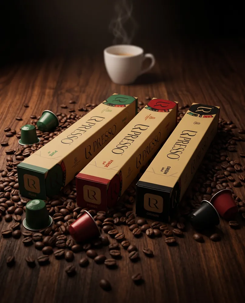 Étuis URPRESSO sur bois sombre parmi les grains de café