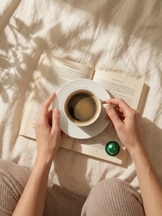 Mains tenant une tasse URPRESSO sur un livre ouvert, capsule PURE