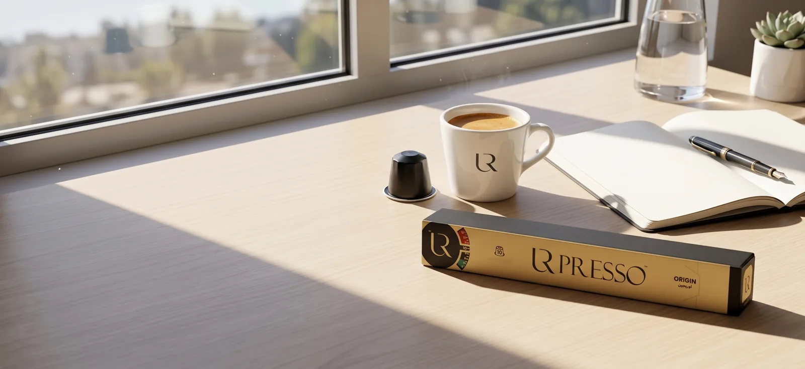 Étui ORIGIN, capsule et tasse URPRESSO sur un bureau ensoleillé