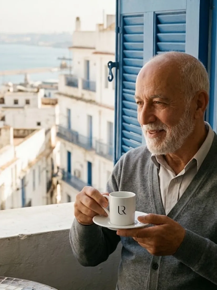 Homme âgé savourant son espresso URPRESSO sur un balcon algérois