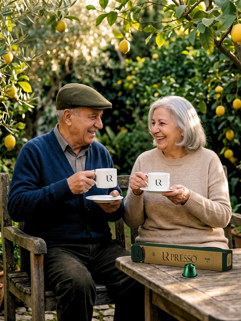 Couple de seniors partageant un café URPRESSO au jardin